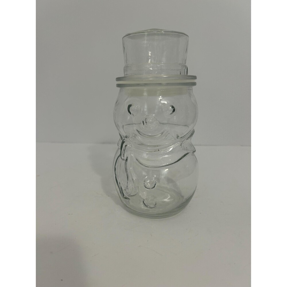 Vintage Clear Glass Snowman Candy Jar w/ Top Hat Lid | Christmas Cookie Canister